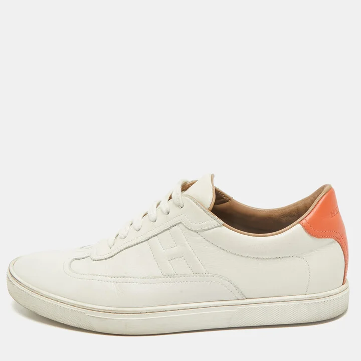 Hermes White/Orange Leather Quicker Low-Top Sneakers Size 41.5