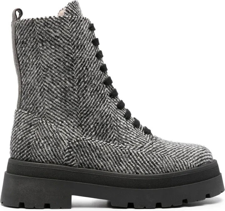 Herringbone-Pattern Lace-Up Ankle Boots