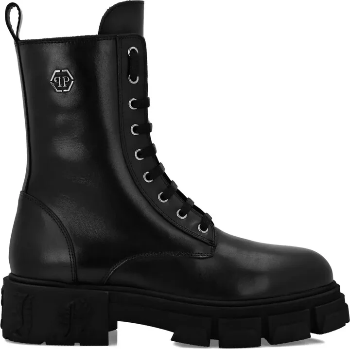 Hexagon-logo leather boots