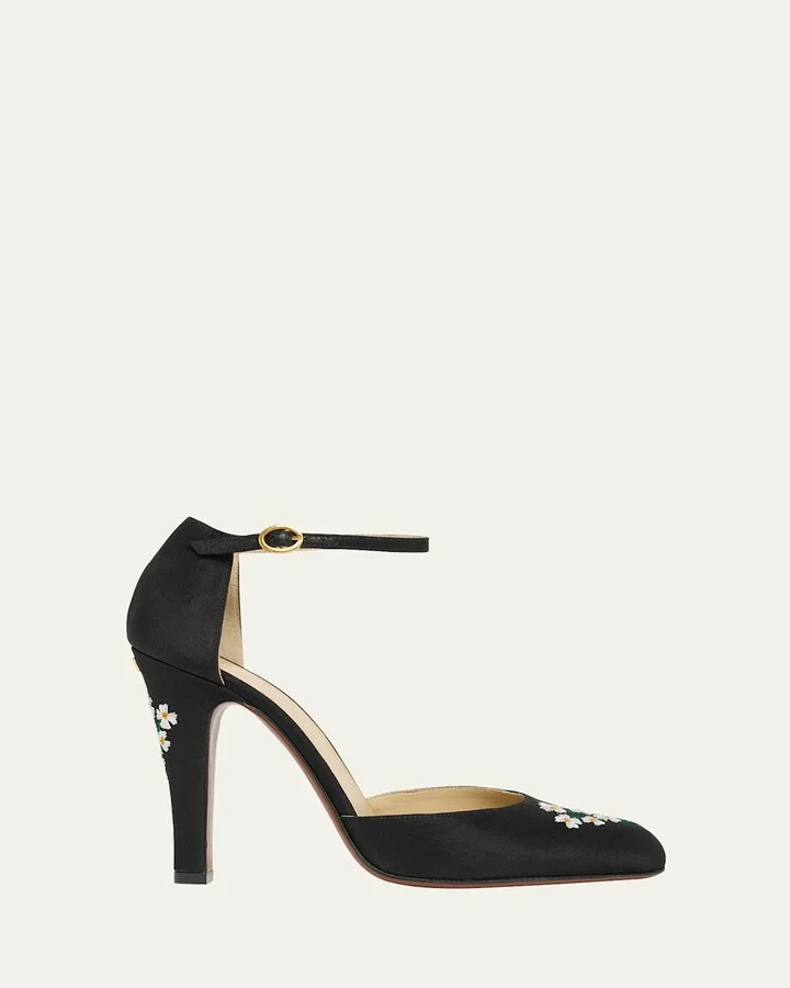 Hi Dolly Daisy Embroidered Satin Pumps