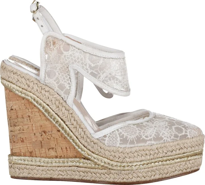 High Heel Lace Wedges in Cream Synthetic