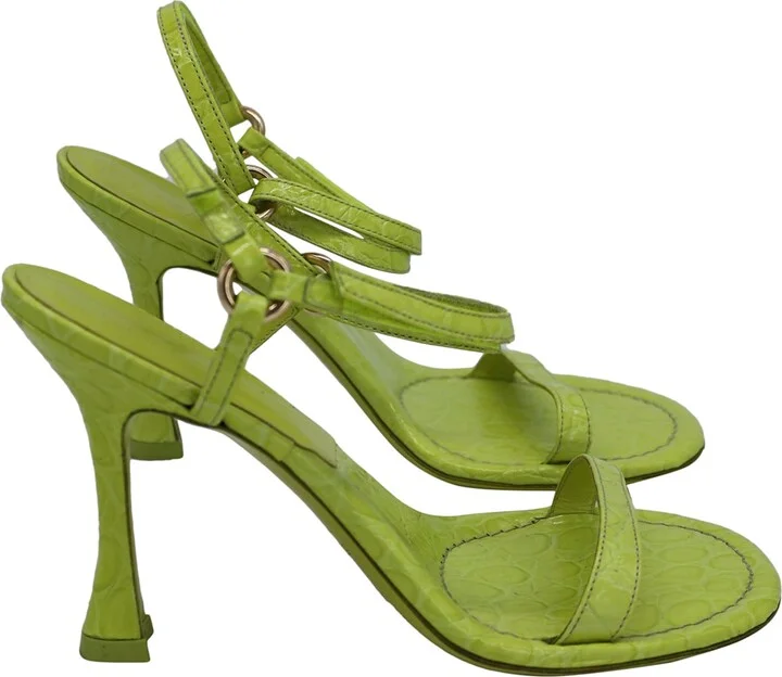 High Heel Sandals in Green Croc-Embossed Leather