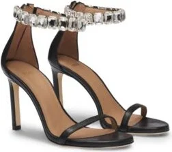 High-heeled sandals in nappa leather with rhinestone strap- Black Women's Pumps size 7