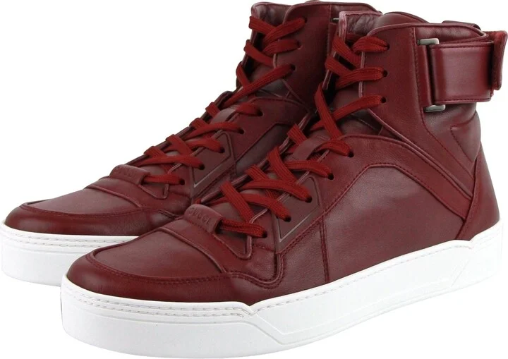 High Top Strong Dark Red Leather Sneakers With Strap 386738 6148 - Image 2