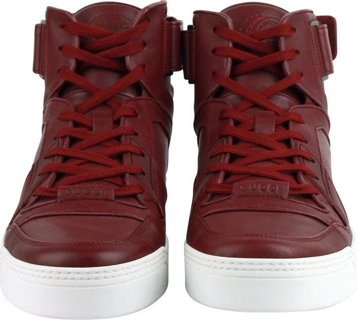 High Top Strong Dark Red Leather Sneakers With Strap 386738 6148 - Image 3