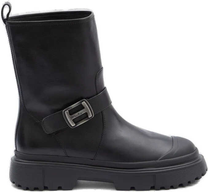 Hogan Logo Buckled Round-Toe Boots