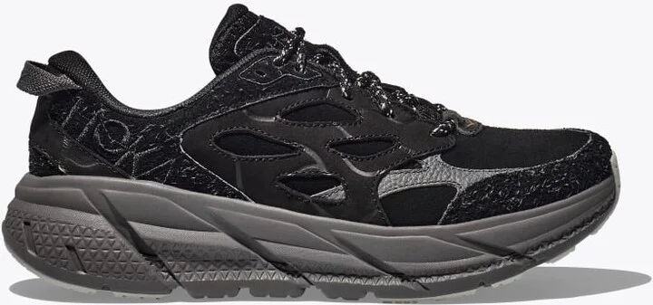 HOKA Elite Terrain System Clifton L Suede Shoes in Black/Satellite Grey