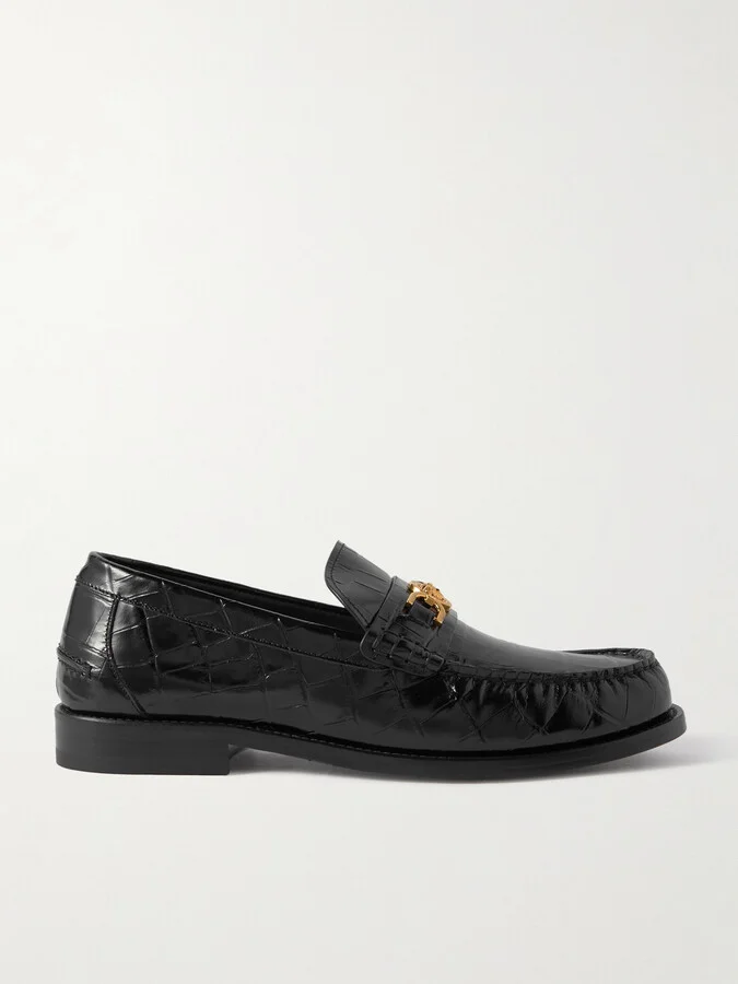 Horsebit-Embellished Croc-Effect Patent-Leather Loafers