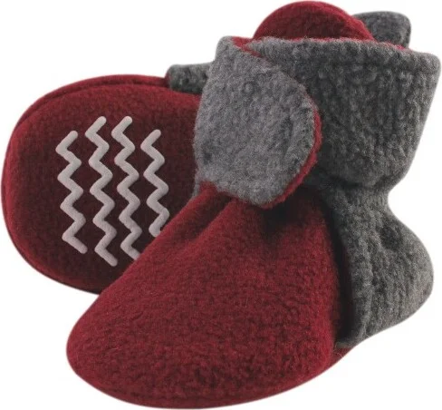 Hudson Baby Baby and Toddler Cozy Fleece Booties, Heather Charcoal Burgundy, 18-24 Months