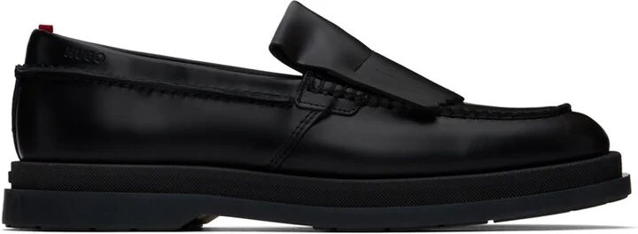 Hugo Black Leather Fringe Trim Loafers