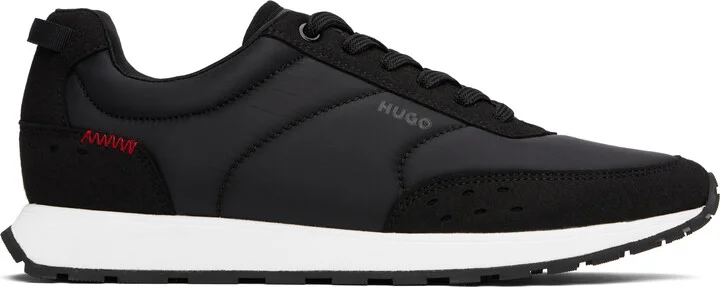 Hugo Black Printed-Logo Faux-Leather Sneakers