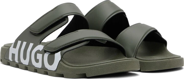 Hugo Khaki Logo Double Touch-Closure Straps Sandals - Image 4