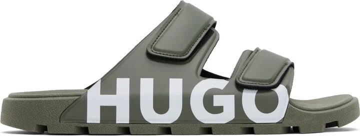 Hugo Khaki Logo Double Touch-Closure Straps Sandals