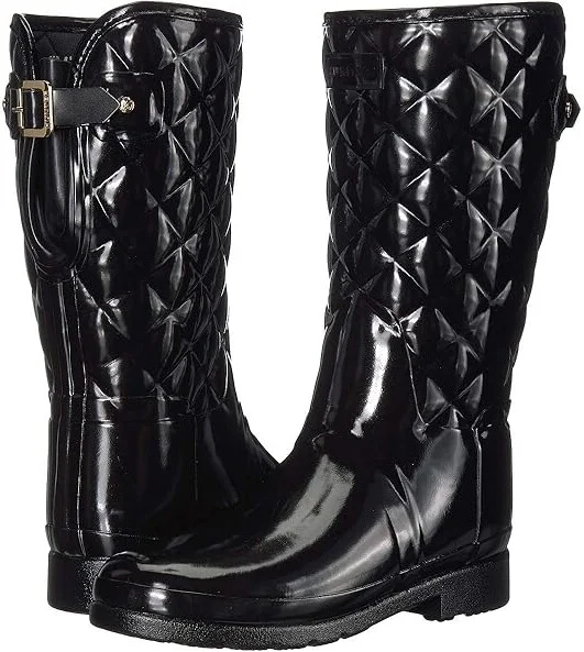 Hunter Refined Gloss Quilt Short Rain Boots Women's Rain Boots Black : 5 M, Rubber