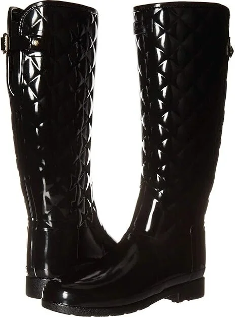 Hunter Refined Gloss Quilt Tall Rain Boots Women's Rain Boots Black : 5 M, Rubber