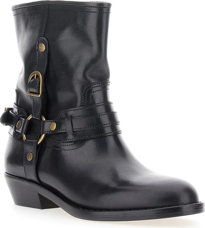 'Ildred' Black Ankle Boots With Medium Block Heel And Decorative Buckle In Leather Woman - Image 2
