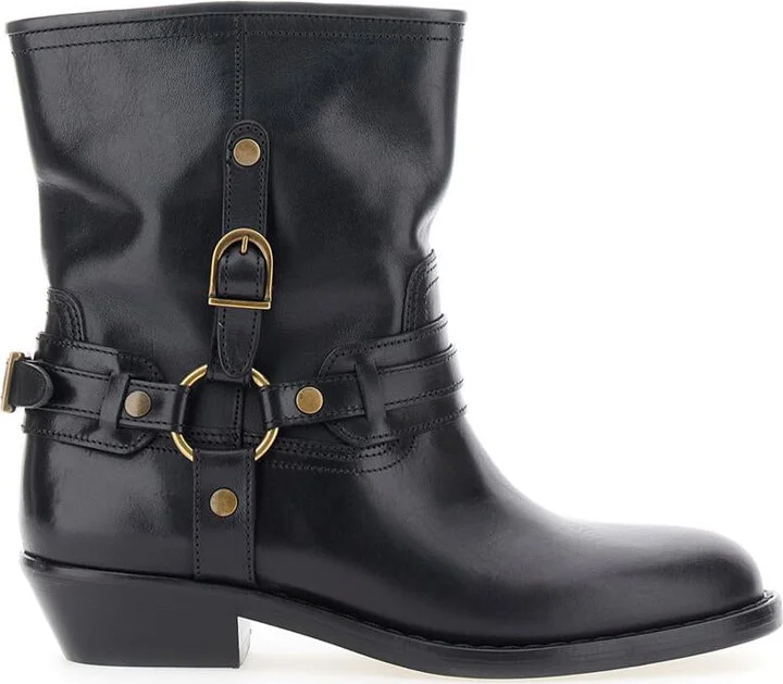 'Ildred' Black Ankle Boots With Medium Block Heel And Decorative Buckle In Leather Woman