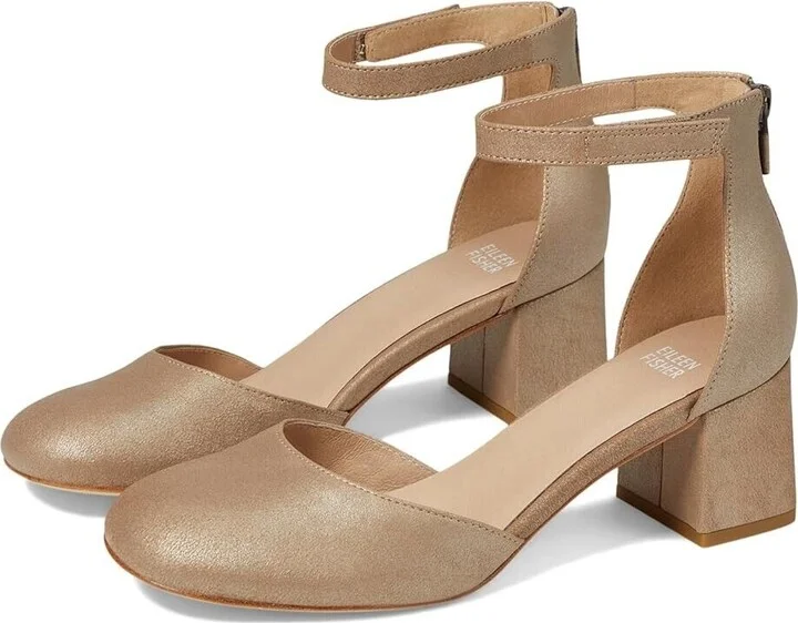 Indi Women's US 7 Platinum Leather Ankle Strap Block Heel KHD1129