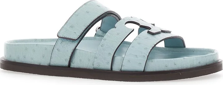 'ines' Blue Sandals With Patch Logo On The Front In Leather Woman