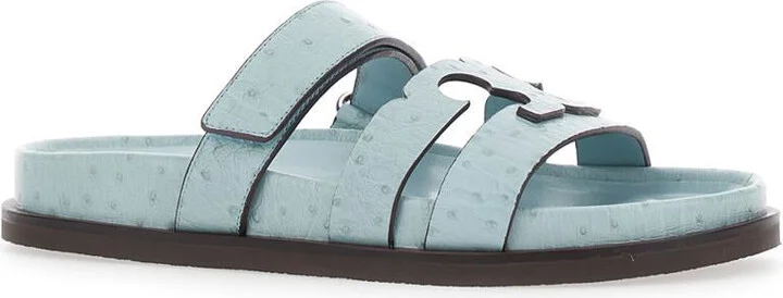 'Ines' Blue Sandals With Patch Logo On The Front In Leather Woman