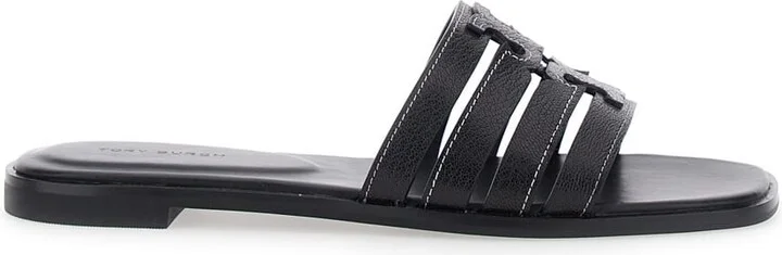 'ines Cage' Black Sandals With Double T Motif In Leather Woman