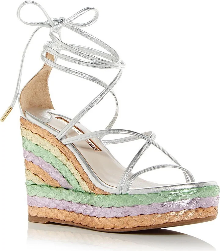 INES Womens Leather Open Toe Wedge Heels