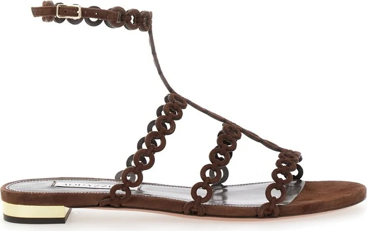 'infinity Chain' Brown Sandals With Adjustable Strap And Buckle In Suede Woman