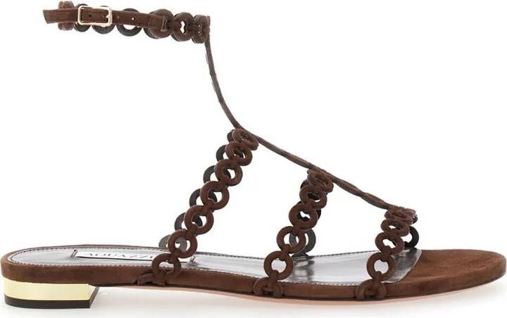 'Infinity Chain' Brown Sandals With Adjustable Strap And Buckle In Suede Woman