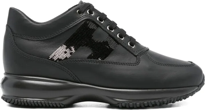 Interactive sequin-panel leather trainers