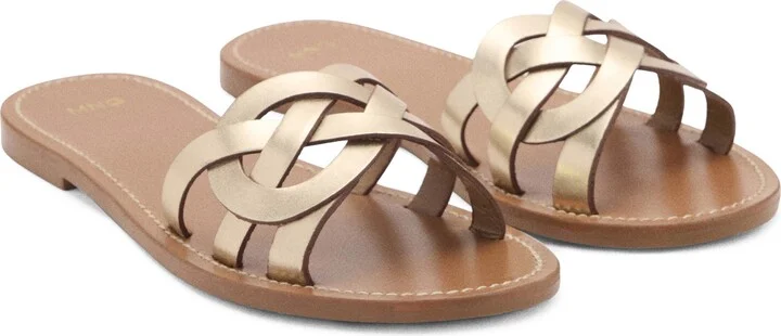 Intertwined Strap Flat Leather Slide Sandal