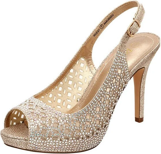 Invest Pumps Womens 9 Gold Rhinestone Peep Toe Stiletto Heel KHD2287