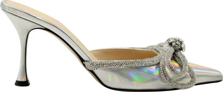 Iridescent Double Crystal Bow Pointed-toe Mules in Silver Leather