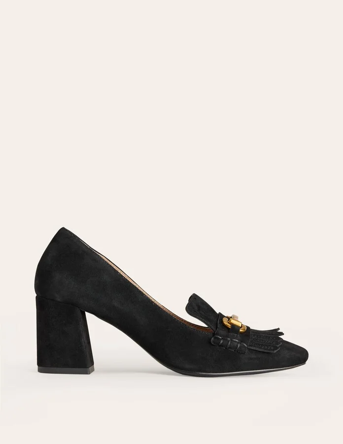 Iris Ghillie Heeled Loafers, Black Suede - Image 2