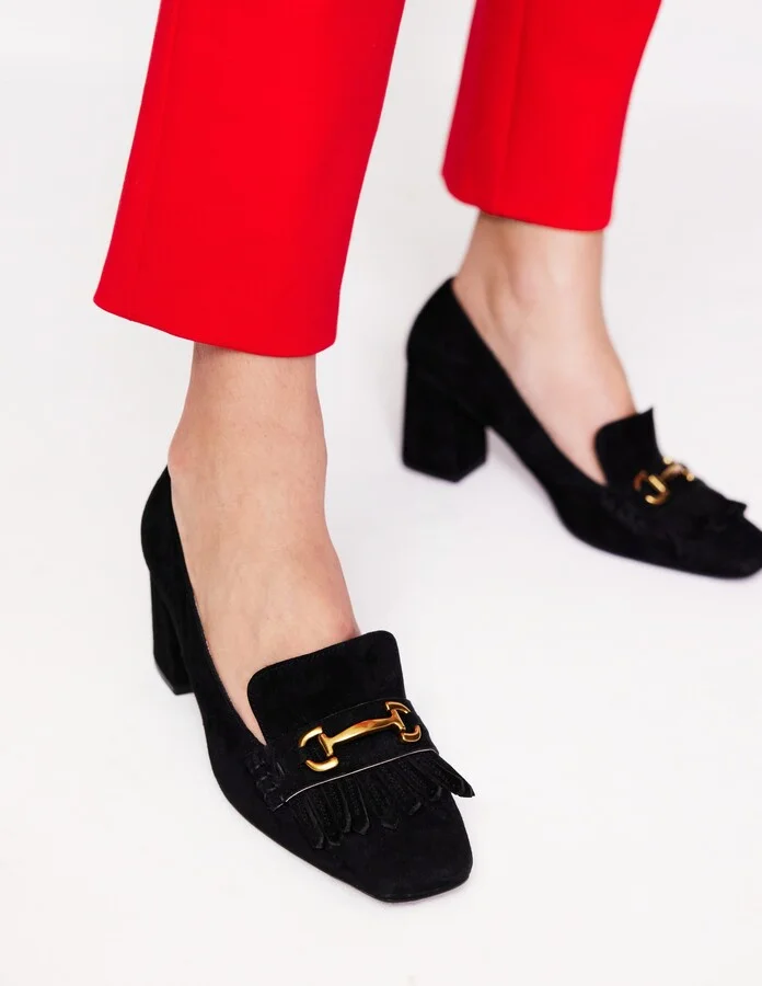 Iris Ghillie Heeled Loafers, Black Suede