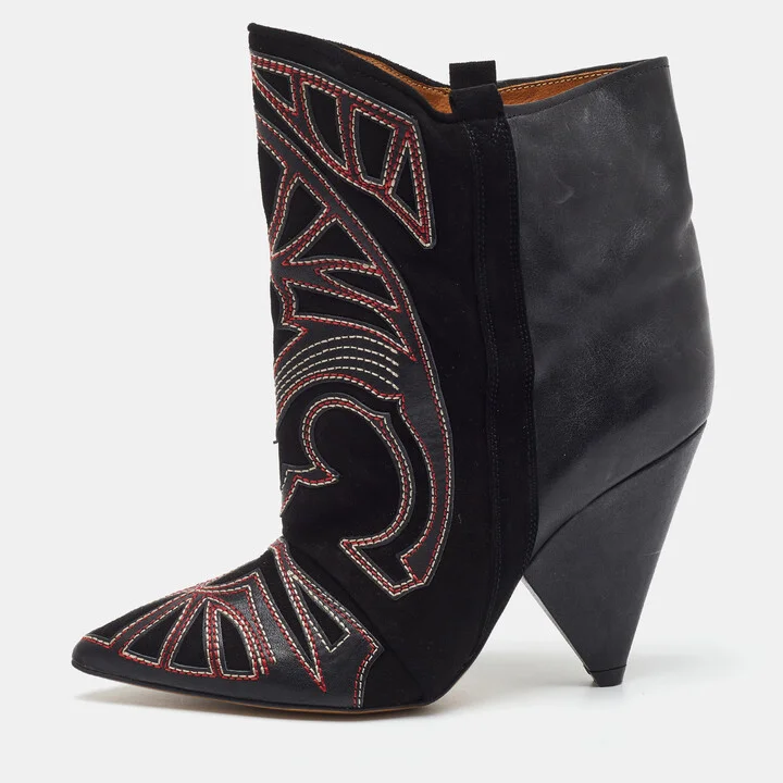 Isabel Marant Black Embroidered Suede and Leather Betty Ankle Boots Size 38