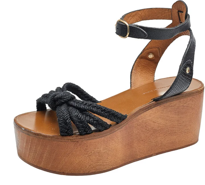 Isabel Marant Black Jute And Leather Knotted Wedge Platform Ankle Strap Sandals Size 36