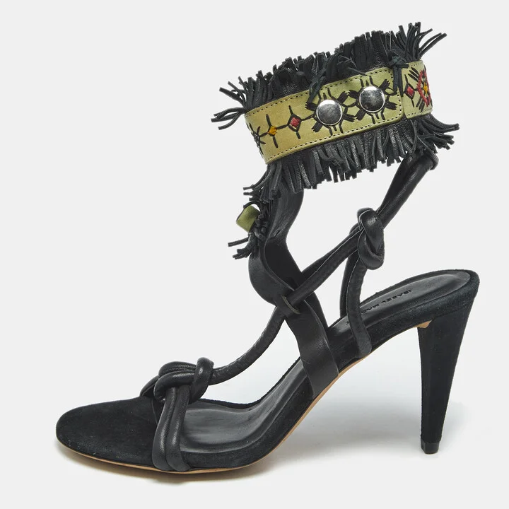 Isabel Marant Black Leather and Suede Fringe Detail Ankle Strap Sandals Size 36