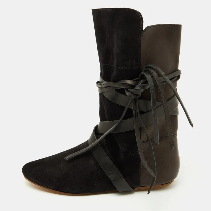 Isabel Marant Black Leather and Suede Mid Calf Length Boots Size 38