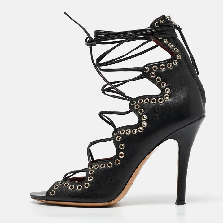 Isabel Marant Black Leather Eyelet Embellished Lace Up Lelie Sandals Size 36