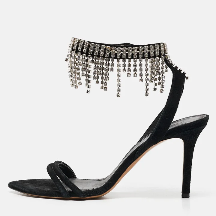 Isabel Marant Black Suede Crystal Embellished Ankle Strap Sandals Size 38