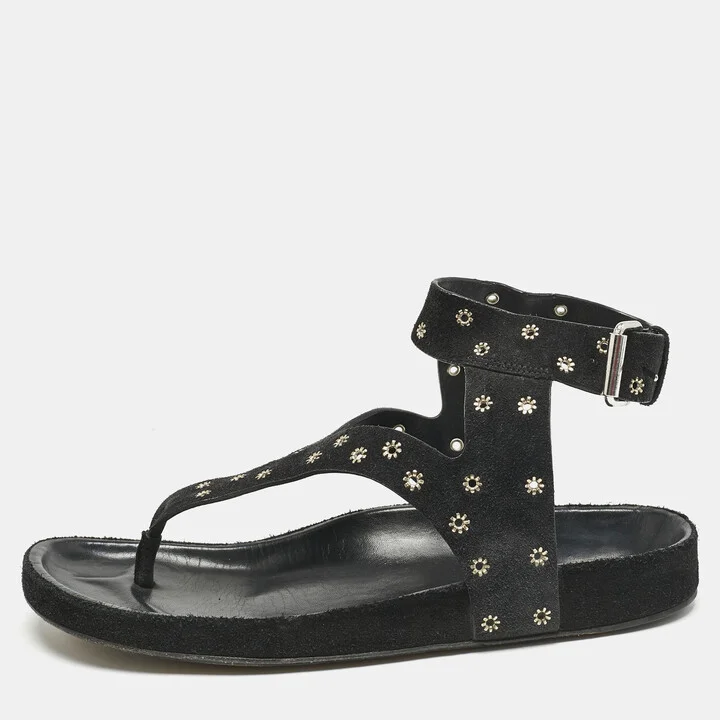 Isabel Marant Black Suede Elwina Ankle Strap Flat Sandals Size 41