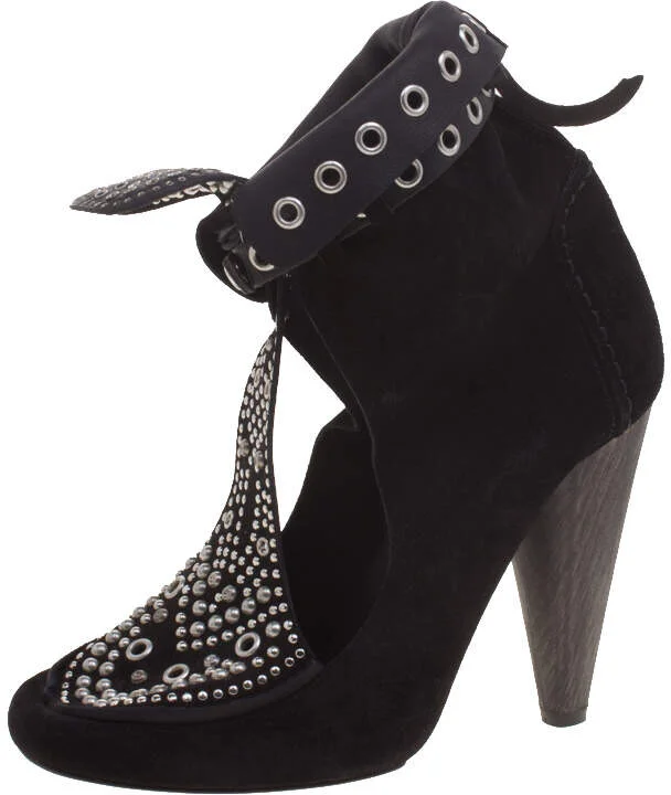 Isabel Marant Black Suede Mossa Studded Cutout Ankle Boots Size 36