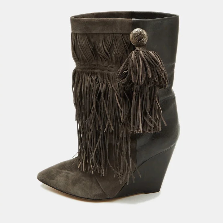 Isabel Marant Dark Grey Suede and Leather Mony Fringe Ankle Wedge Boots Size 39
