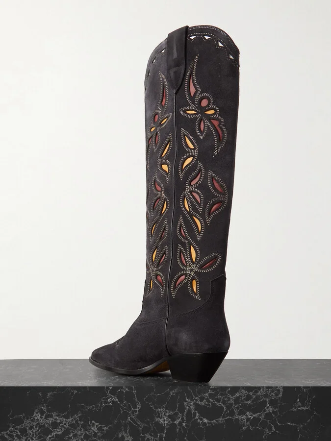 Isabel Marant - Denvee Cutout Embroidered Leather-trimmed Suede Knee Boots - Black - Image 3