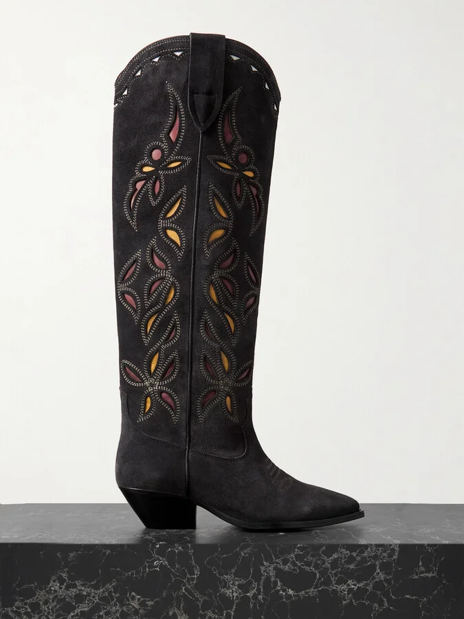 Isabel Marant - Denvee Cutout Embroidered Leather-trimmed Suede Knee Boots - Black