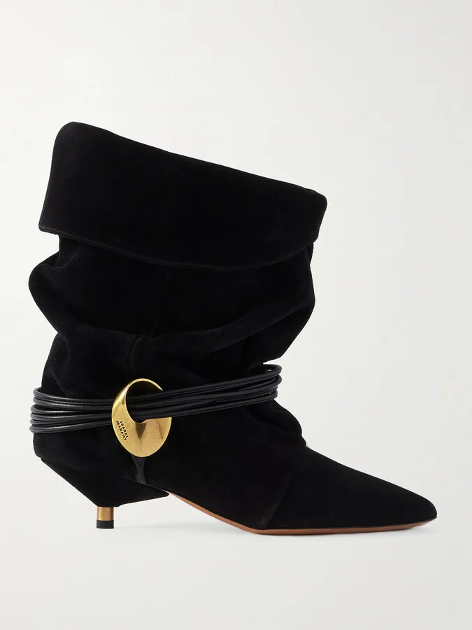 Isabel Marant - Edrika Leather-trimmed Embellished Gathered Suede Ankle Boots - Black