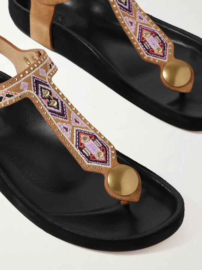 Isabel Marant - Enore Studded Embroidered Suede Sandals - Brown - Image 4