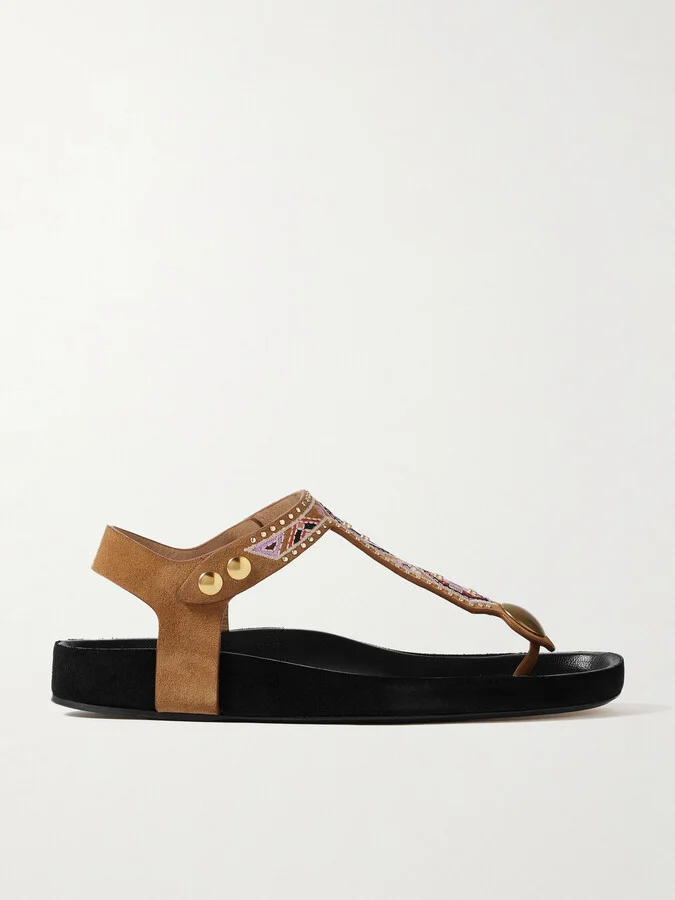 Isabel Marant - Enore Studded Embroidered Suede Sandals - Brown