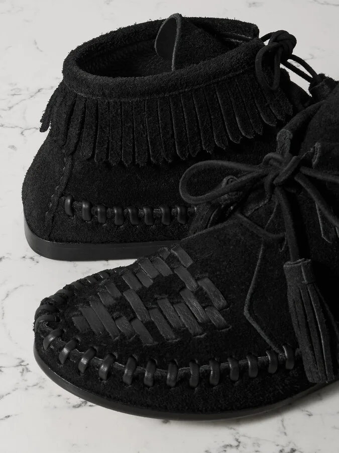 Isabel Marant - Felsa Fringed Tasseled Leather-trimmed Suede Ankle Boots - Black - Image 4