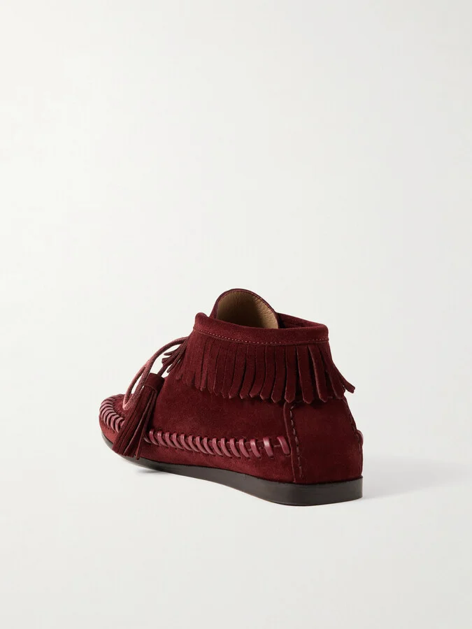 Isabel Marant - Felsa Fringed Tasseled Leather-trimmed Suede Ankle Boots - Burgundy - Image 3